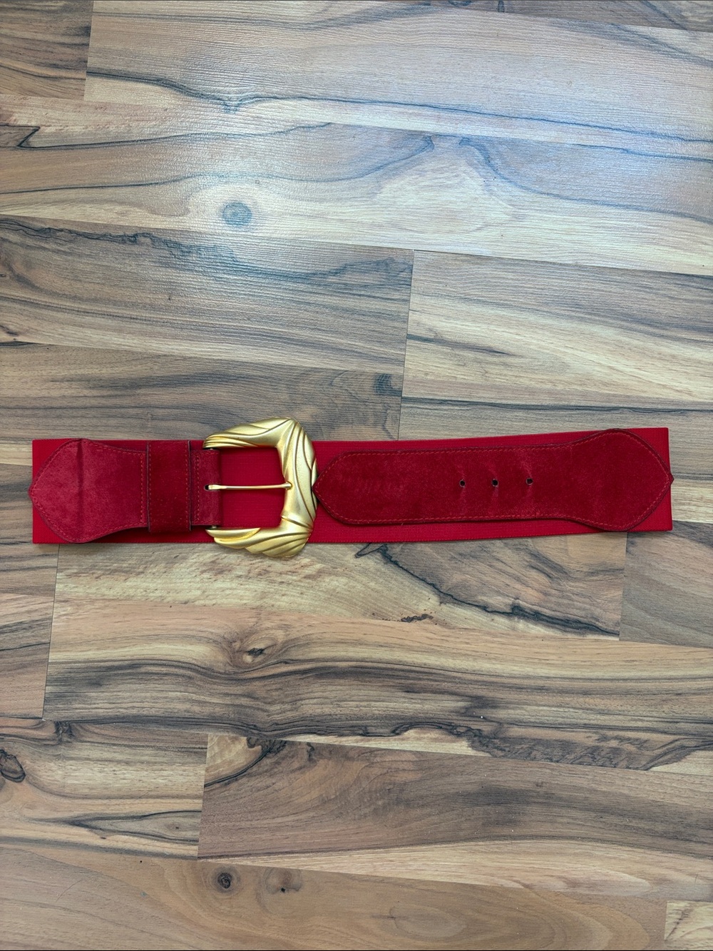 Vintage Express Red Wide Suede and Elastic Belt with Gold Leaf Buckle
